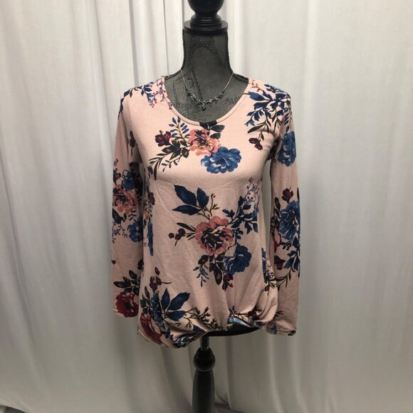 Lildy Pink Floral Knot Front Tunic Womens Size Small Medium Long Sleeve Top NEW - Picture 1 of 9